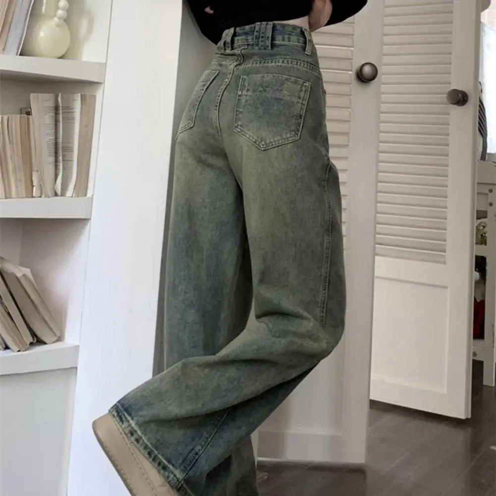 Calça jeans feminina de cintura alta perna larga, jeans angustiado, bolsos de fechamento de botão para chão, angustiado, retrô