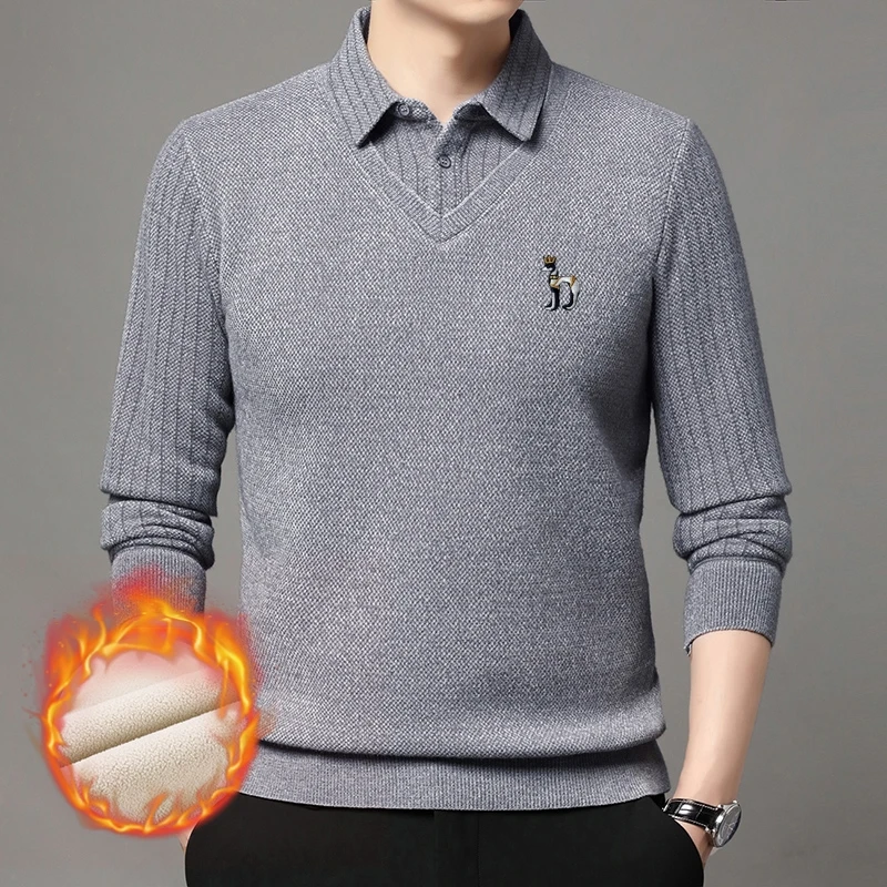 Fake Two Pieces Winter Business Casual Pullover Hot Sales Men's Knit Sweater New Warm Lapel Thicken Design Quality Men's Wear