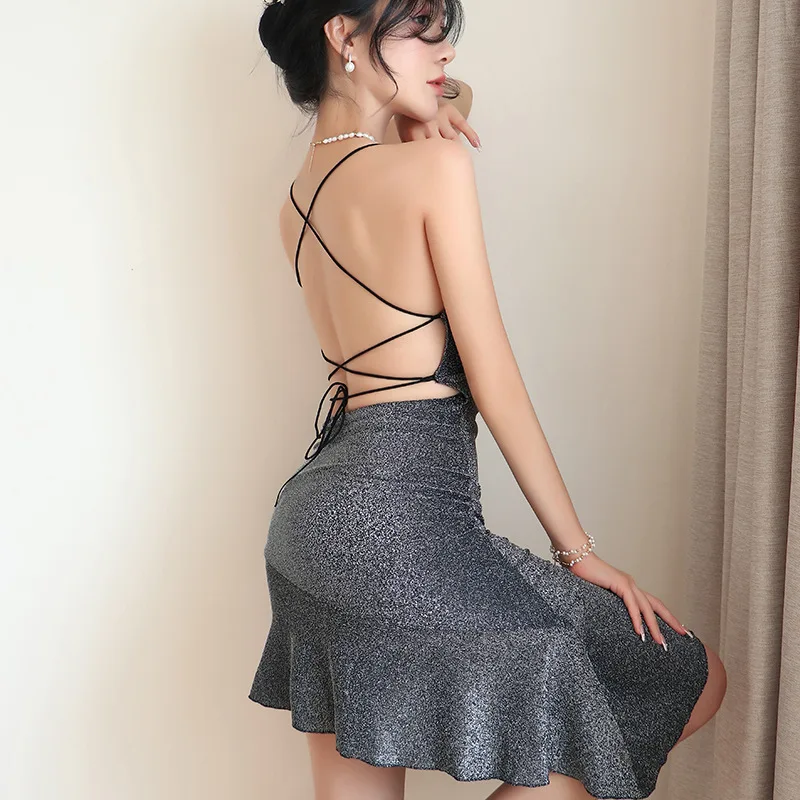 

Women Sexy Dress Lingerie Shiny Sequin Nightclub Fishtail Hem Dress Cross Tie Backless Nightdress Nightwear Porno Clubwear