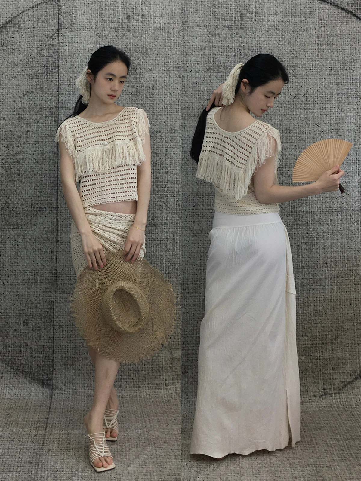 

Вязаный вручную комплект из двух предметов: праздничное пальто с бахромой и многослойным дизайном, из мягкого хлопка, оверсайз, с круглым вырезом, укороченная длина