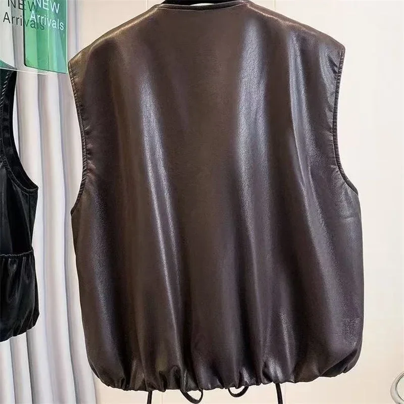 2027 Spring Autumn New Round Neck PU Leather Motorcycle Jacket Women's Fashion Stacked Sleeveless Tank Top Coat Short Outwear
