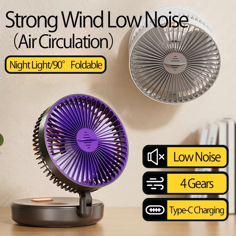 2025 nuevo ventilador de escritorio recargable 3 en 1 5000mAh ventilador montado en la pared 90 °   Ventilador USB plegable de 4 velocidades con luz nocturna cálida - imagen 2