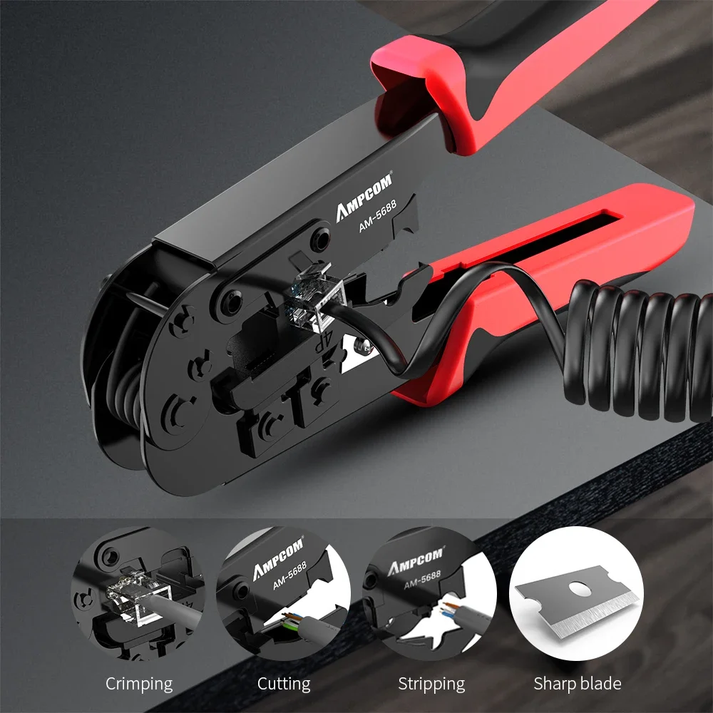 AMPCOM Crimping Tool RJ45 and RJ12, RJ11 Crimper Cutter Stripper Network Cable CrimpTool for 4P 6P 8P RJ-11/RJ-12 RJ-45