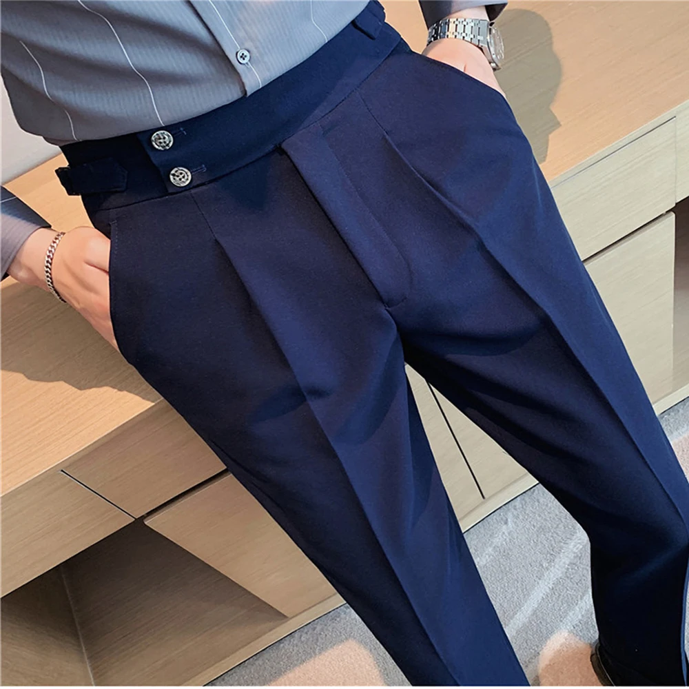 Navy Blue Male Pants Summer Fashion Solid Color High Waisted Trousers Men Wedding Business Casual Slim Fit Wool Social Pants