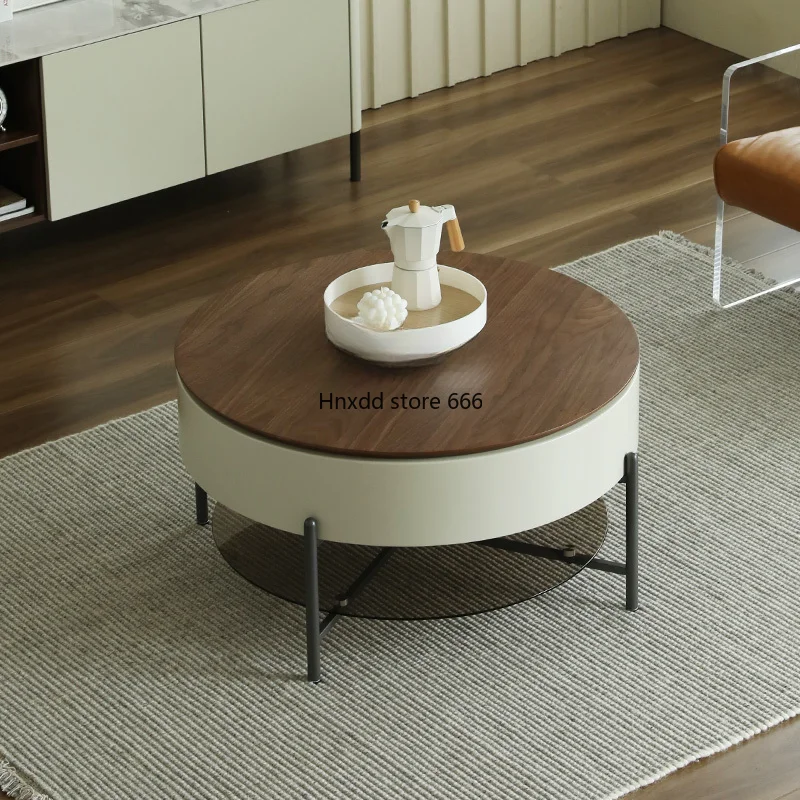 zqModern Minimalist Round Lifting Coffee Table Nordic Retractable Double-Layer Storage Tea Table