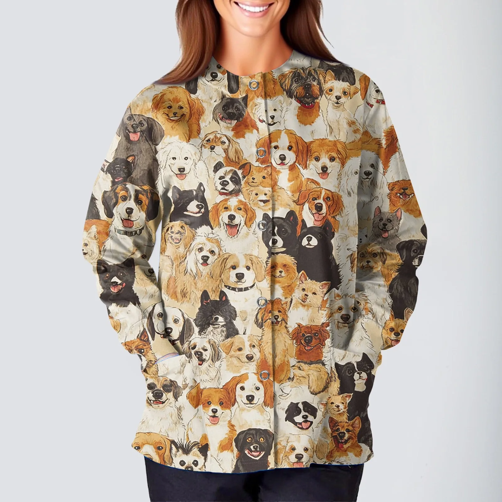 Blus Wanita Lengan Panjang Kerah O Seragam Atasan Fashion Motif Kartun Kostum Perawat Jaket Seragam Kerja