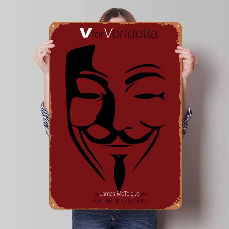 V for Vendetta Mask Classic Movie Poster Retro Metal Tin Signs Vintage for Bar Garage Wall Decoration Room Decor Aesthetics Art