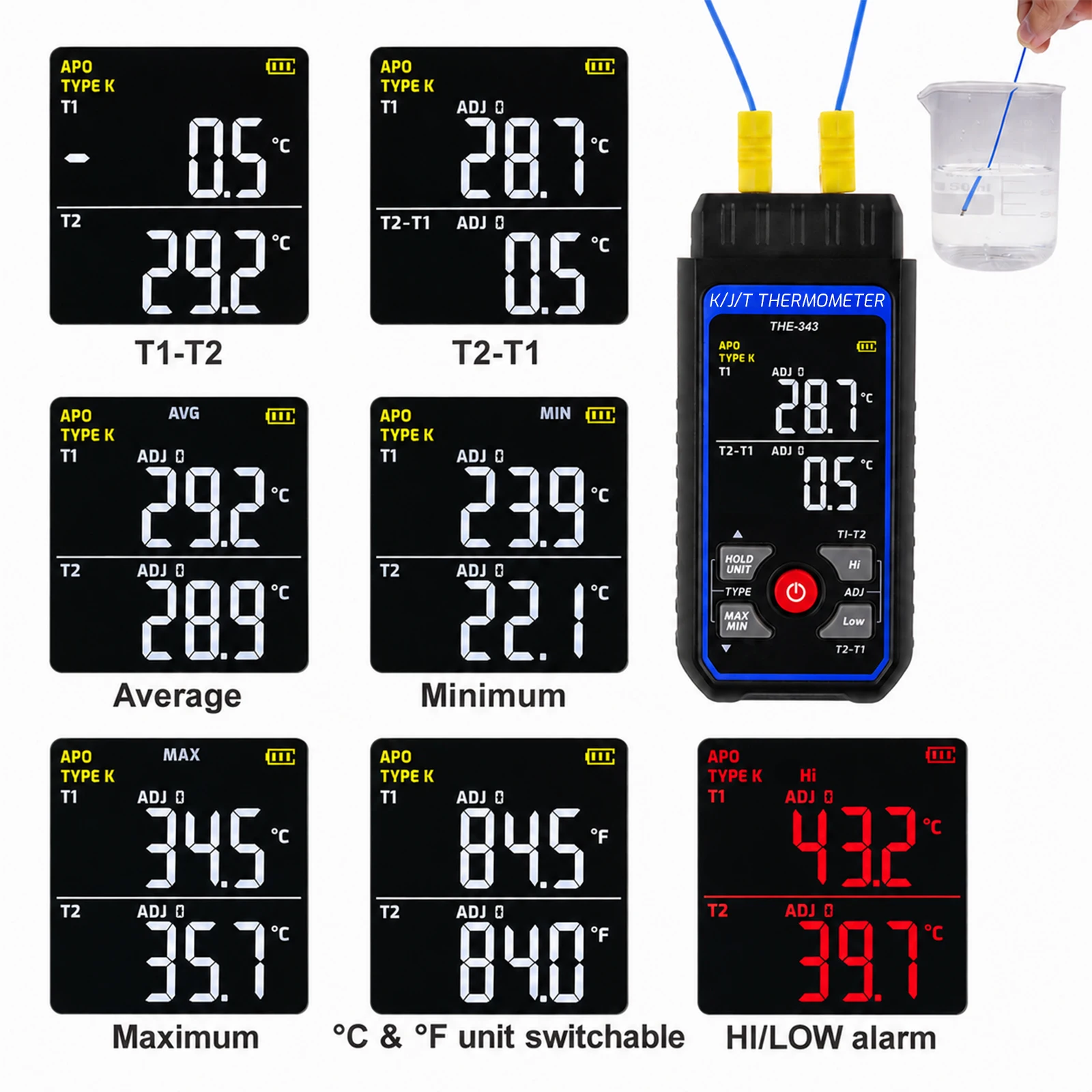 Dual Channel Digital Thermometer K/J/T Type Thermocouple Temperature Meter -200°C~1372°C Color Backlight Alarm Data Hold
