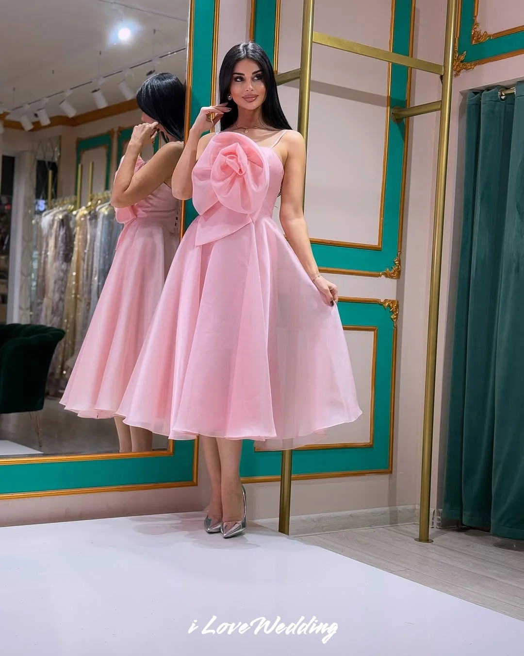 Pink Spaghetti-Strap Homecoming Dress 2025 Organza Sleeveless Flowers Pleated A-Line Tea-Length Birthday Party Dress Customized