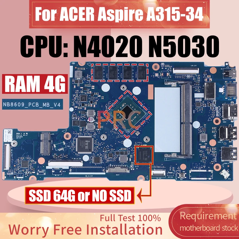 NB8609_PCB-MB_V4 For ACER Aspire A315-34 Laptop Motherboard N4020 N5030 RAM 4G SSD 64G Notebook Mainboard