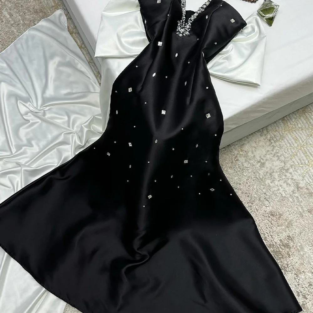 

Customized Delicate Satin A-Line Cap Sleeve Crystal and Bow Evening Dresses V-Neck Sleeveless Panel Train Celebrity Gowns