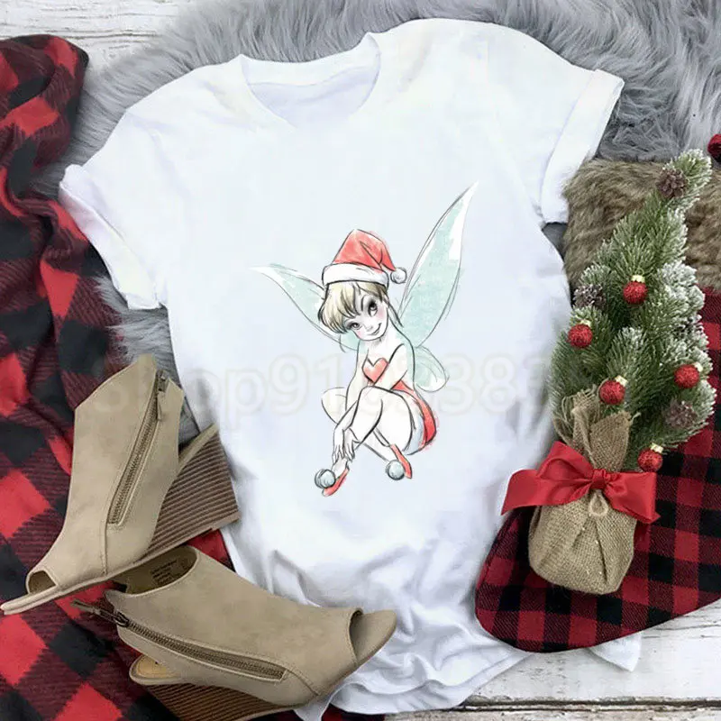 Christmas T Shirts Women\'s Cartoon Tinker Bell Fairy Print Short Sleeve O-Neck Casual Happy Holiday Party Oversized Ladies Tops