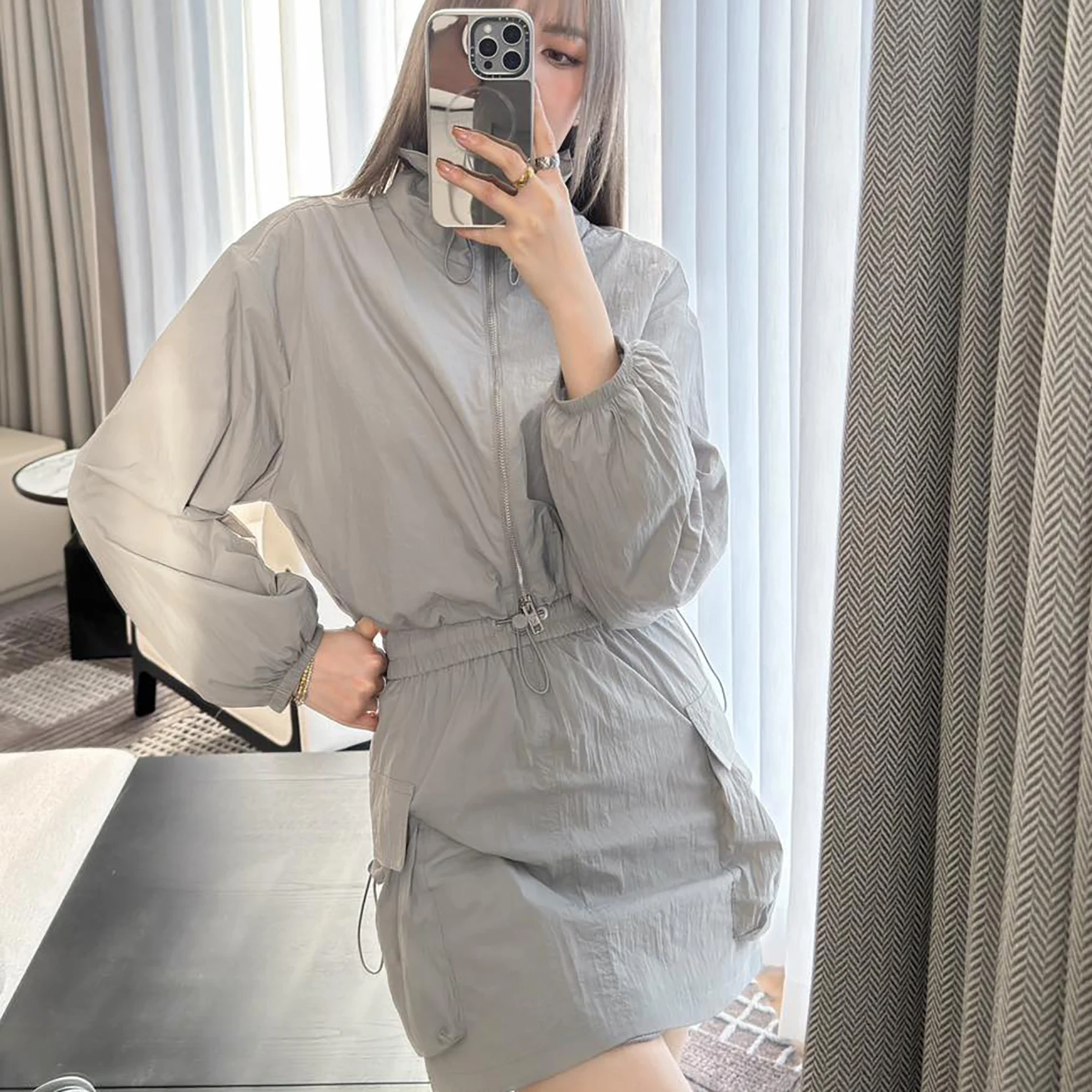 

Women's 2-Piece Set: Drawstring Stand Collar Jacket + Elastic High-Waisted Shorts