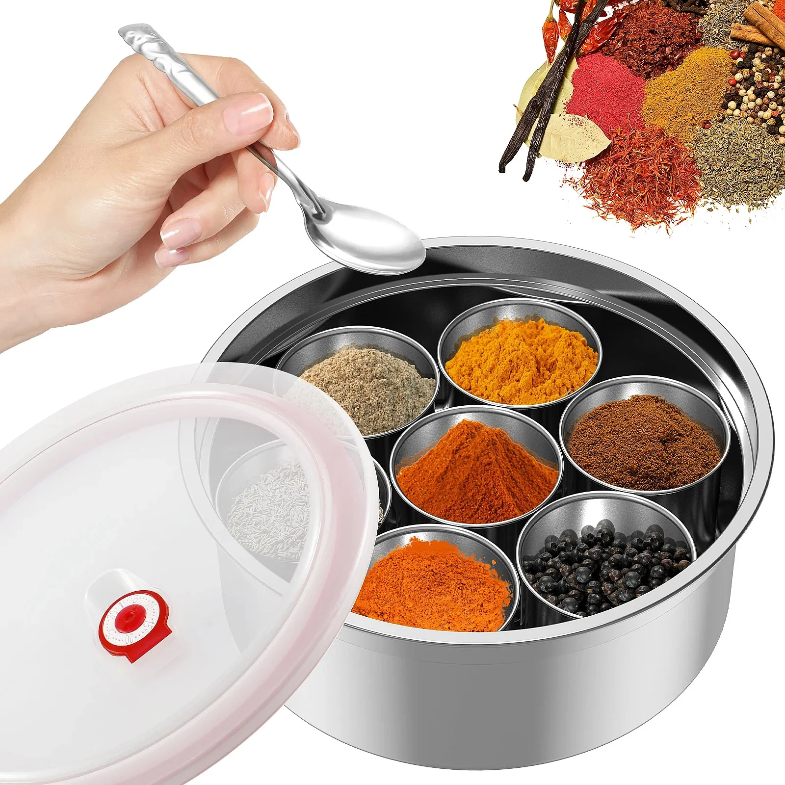 Masala Dabba Stainless Steel 7 Compartments Spice Box with Transparent Lid