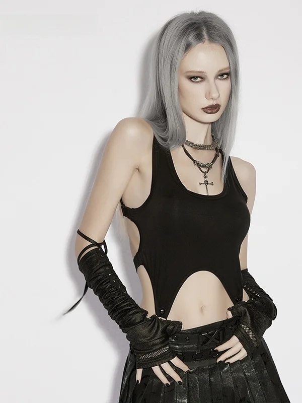 

PUNKRAVE Sexy Hollow out Vest Women's Black Slim Fit Trendy Short Top Outerwear U-Neckline Lyrical Fiber Blend Casual Wear