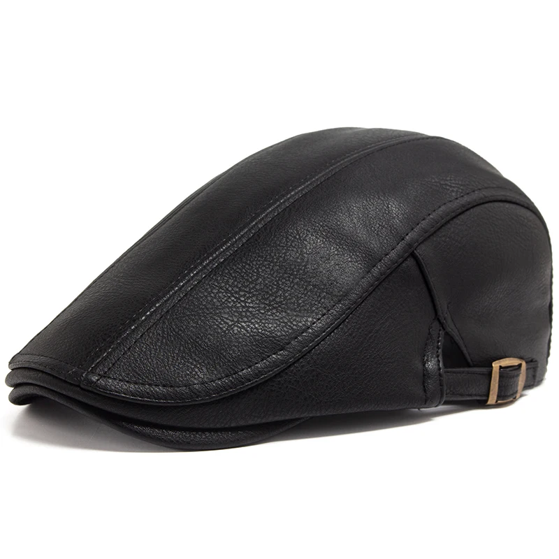Moda Mężczyźni PU Skórzany Beret Jesień Zima Daszek Płaska Czapka Gruby Ciepły Kapelusz Berety Vintage England Newsboy Caps Wyższa Jakość
