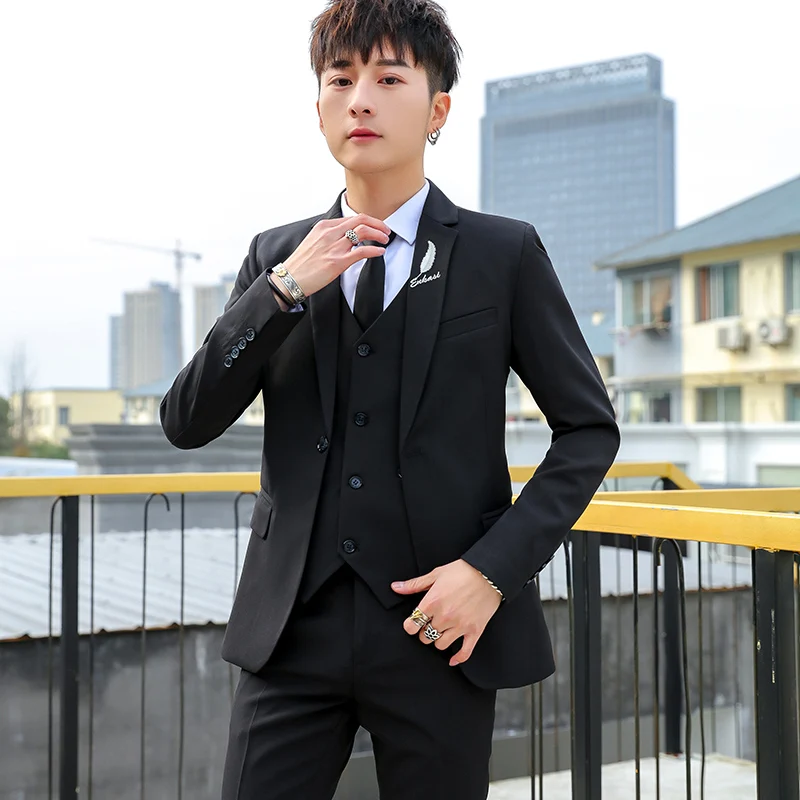 

Slim Fit Tee Piece Suit Set for Men Spring Autumn Korean Sle Wedding Busin Formal Wear New om Marriage Ceremony