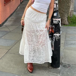 Y2K Floral Lace Sheer Maxi Skirt Elegant High Waist Flowy Swing Skirt Women Summer Vintage Long Skirt Casual Daily Streetwear