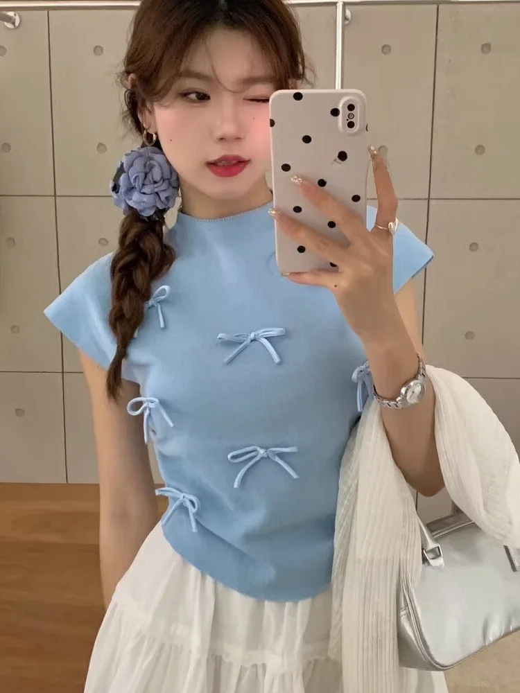 

Синяя трикотажная футболка из ледяного шелка с 3D узлом, женская зимняя облегающая футболка ort Sle Top Casual Sle Splice Deco...