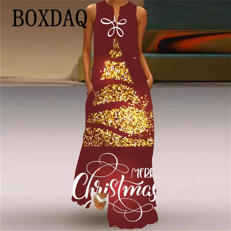 Elegant Women's Christmas Printed Pocket Long Dresses 2024 Fashion Casual Women Sleeveless V-neck Loose Large Size Robe Vestidos