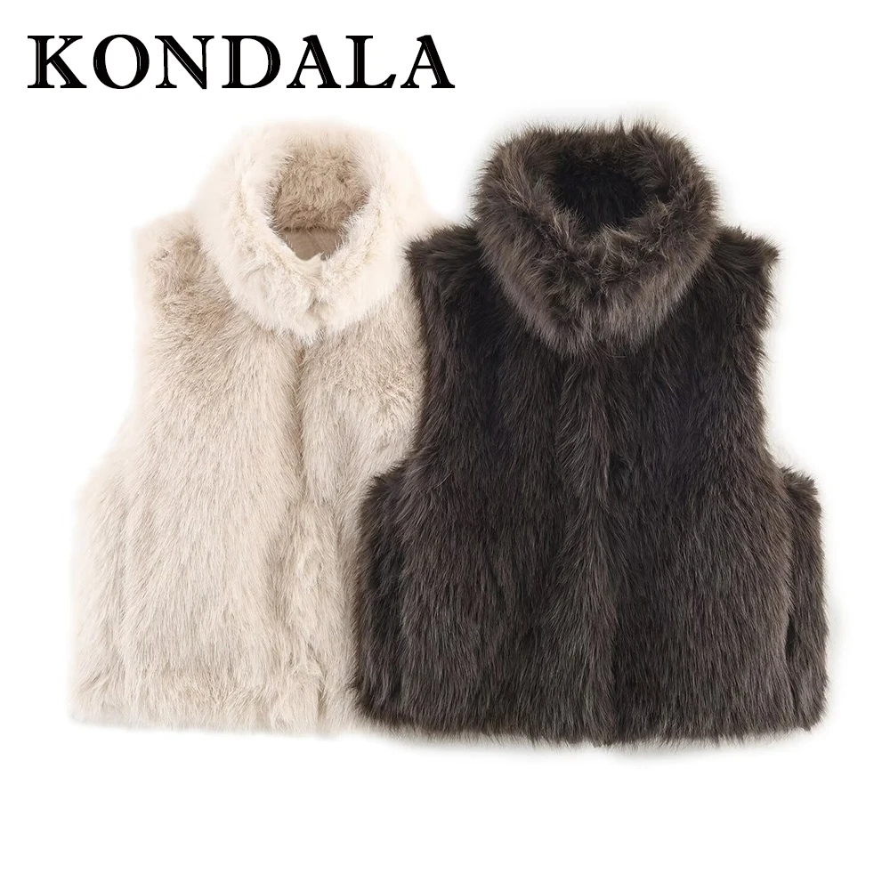 

KONDALA 2025 женские осенние винтажные жилеты из искусственной кожи, однобортный жилет с карманами, прямая уличная одежда, жилет без рукавов, женская верхняя одежда