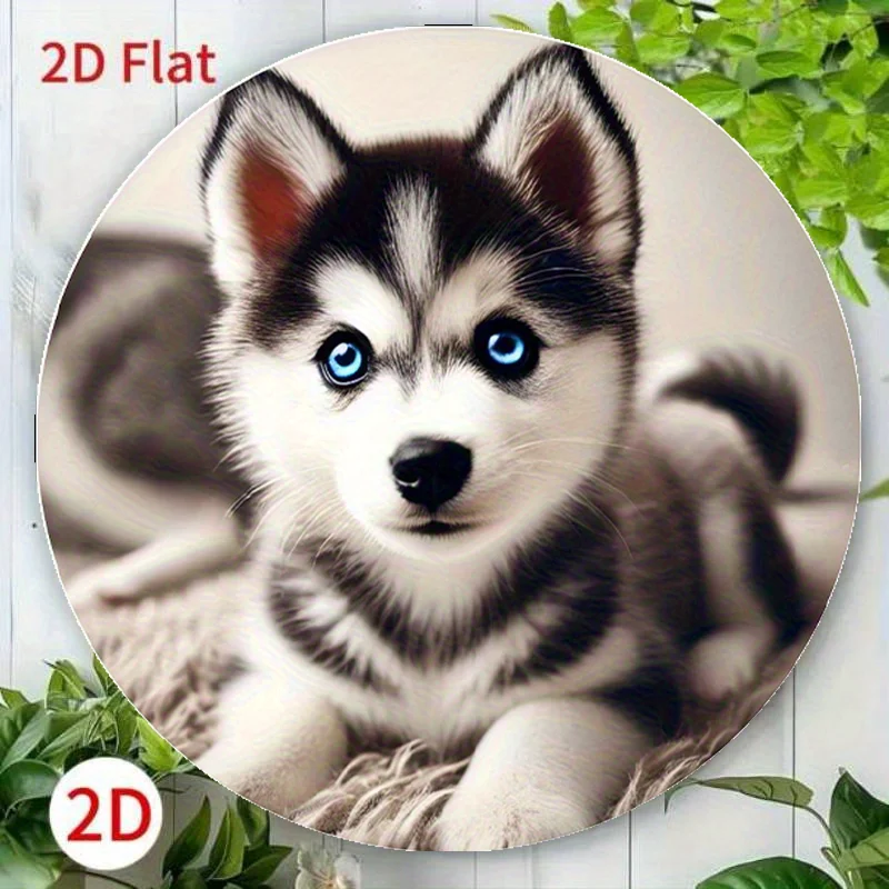 1 Stück Vintage-inspirierte runde Aluminium-Wandkunst, 3,07 x 3,07 Zoll – niedliches Husky-Welpen-Design, einfach aufzuhängendes Metallschild für drinnen und draußen