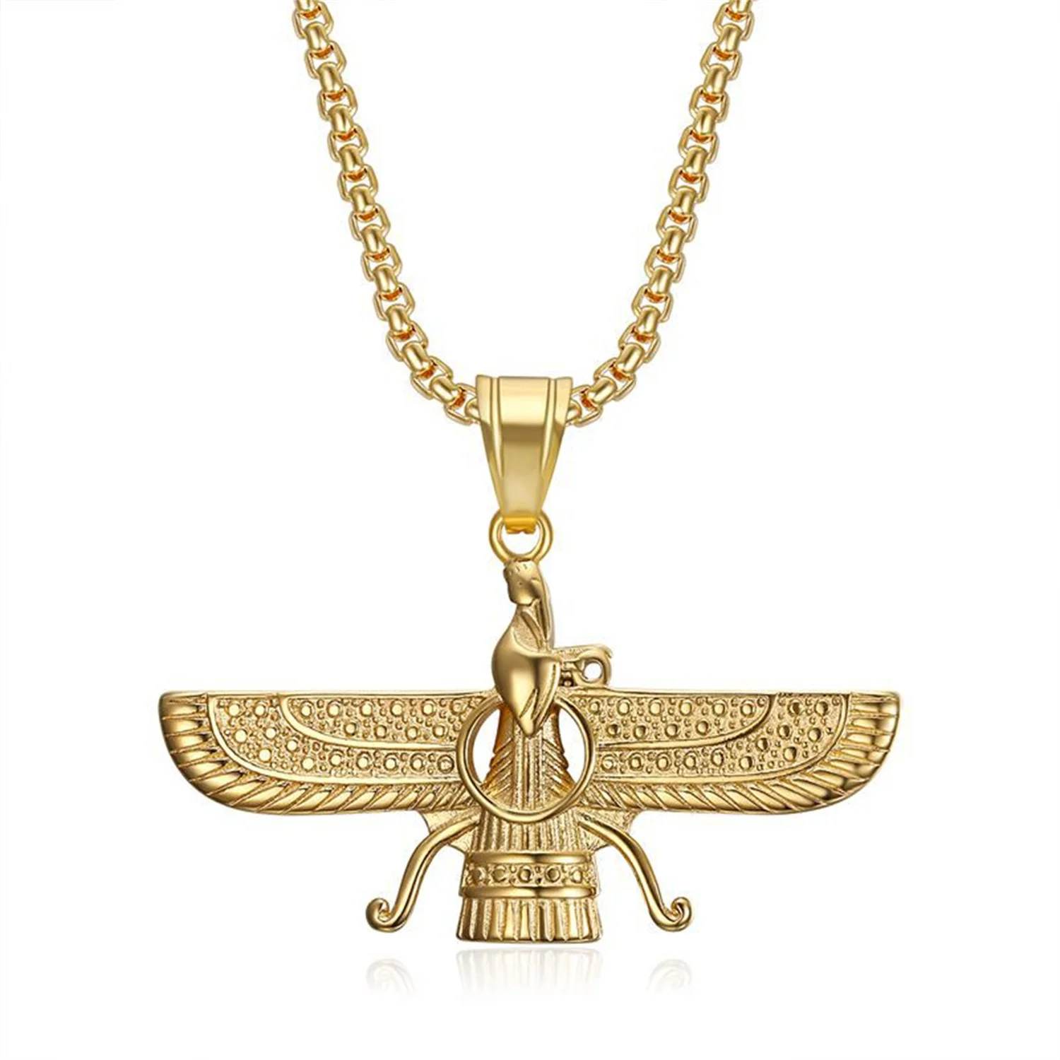 Religious Faravahar Ahura Mazda Pendant Dropshipping Gold Color Stainless Steel Zoroastrian Iranian Necklace for Men Iran Jewelr