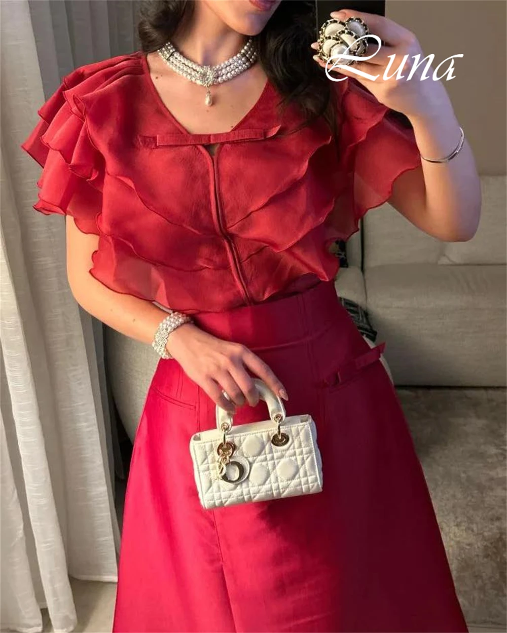 Customized Simple V-Neck Cap Sleeve Short Sleeves Evening Dress Temperament A-Line Prom Dresses Delicate Organza Party Gowns