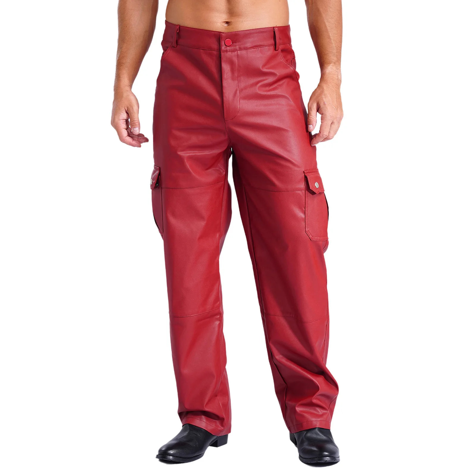 Mens Zipper Smooth Lining Solid Color Trousers Motorcycle Over Pants PU Leather Cargo Pants Multiple Pockets Music Party Costume