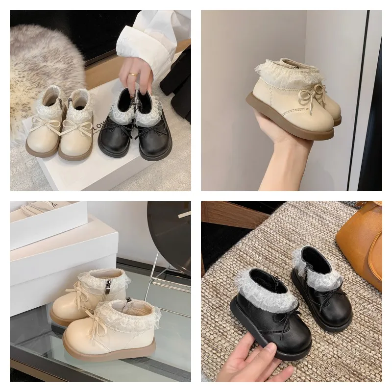 

Girls Padded Fashion Short Boots 1-6 Years Old Bow Thickened Warm Children's Walking Shoes Soft Non-slip Kids Baby Leather Boots