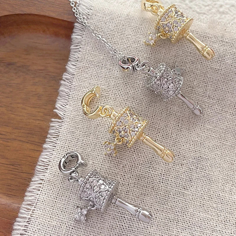 2pcs Copper Plated Gold Color Zircon Inlaid Exquisite Three-dimensional Rotating Pendant Diy Handmade Hanging Charms