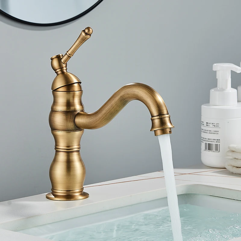 Antyczna mosiężna bateria umywalkowa, mosiężna bateria nablatowa, białe baterie mieszające, krótkie/wysokie baterie mieszające ciepła i zimna woda.