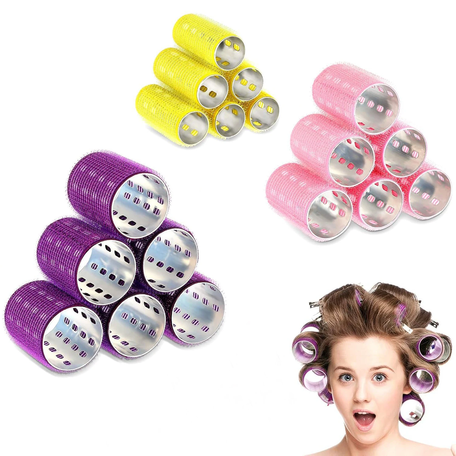 6Pcs Aluminum Thermal Hair Rollers Set Self Grip Hair Rollers, Hairdressing Styling Tool, Random Color for Women, Men