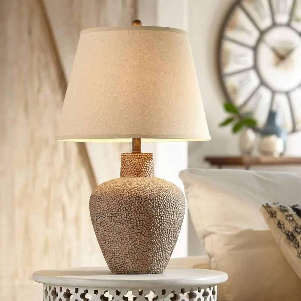 Rustic Farmhouse Style 29 Tall Table Lamp Set, Brown Hammered Metal Base, Off-White Empire Shade, Perfect for Home Decor