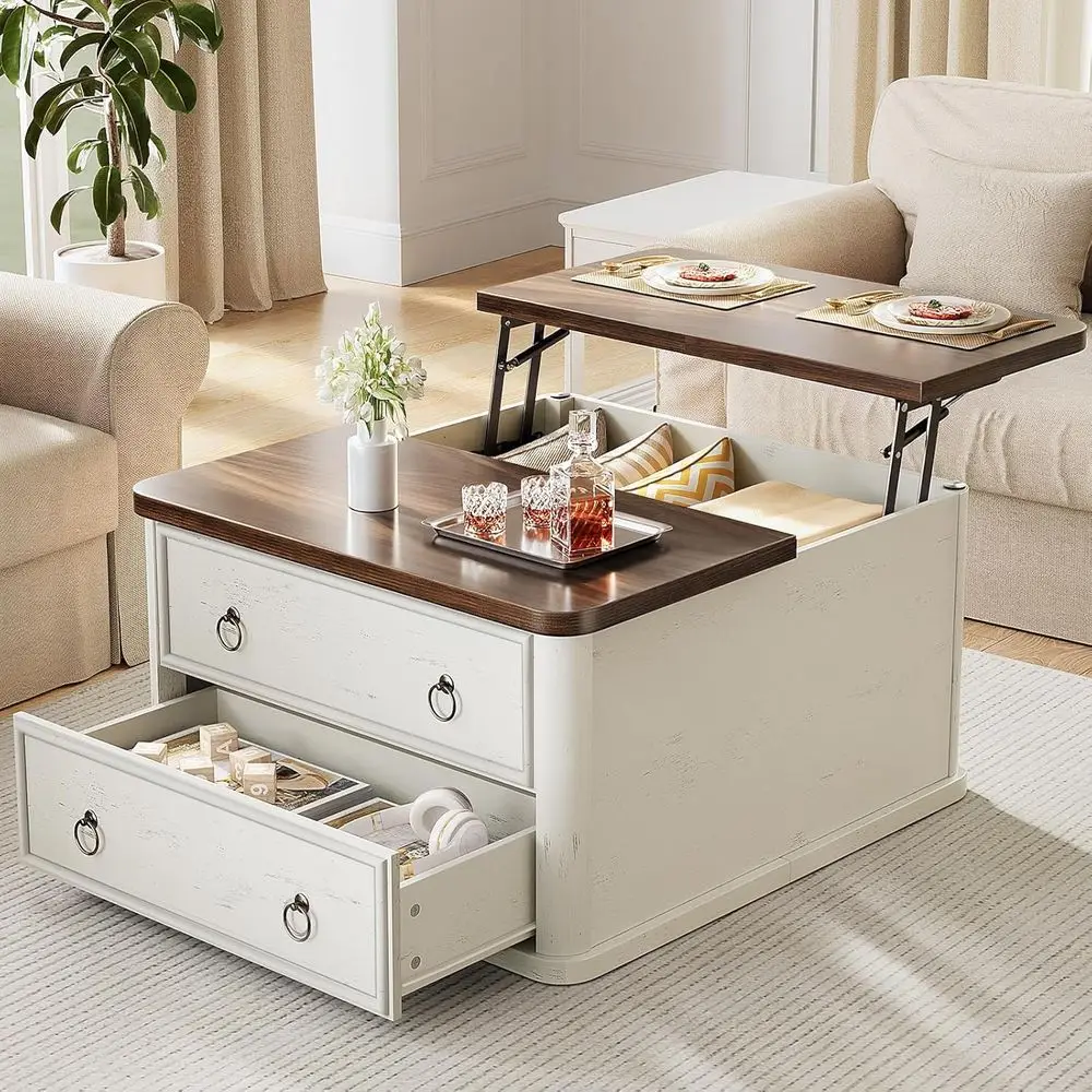 

Farmhouse-Style Square Coffee Table with Lift Top, Storage Drawers, and Hidden Compartment, Rustic White & Walnut Finish