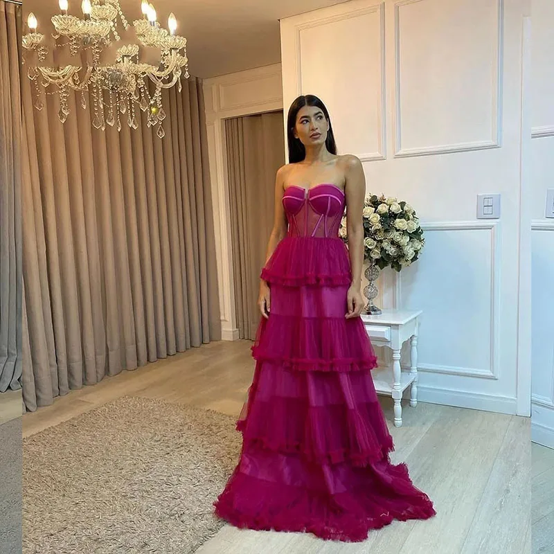 LAYXHS Sexy Sweetheart Formal Evening Dresses Tiered Ruffles Tulle A-Line Prom Dresses Customized فساتين سهرات