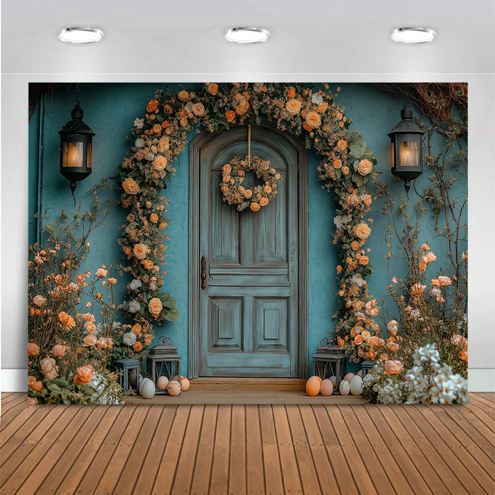 Easter Photography Backdrop Easter Egg Rabbit Blue Wooden Door Blooming Flowers And Plants Kids Party Decor Photography Studio