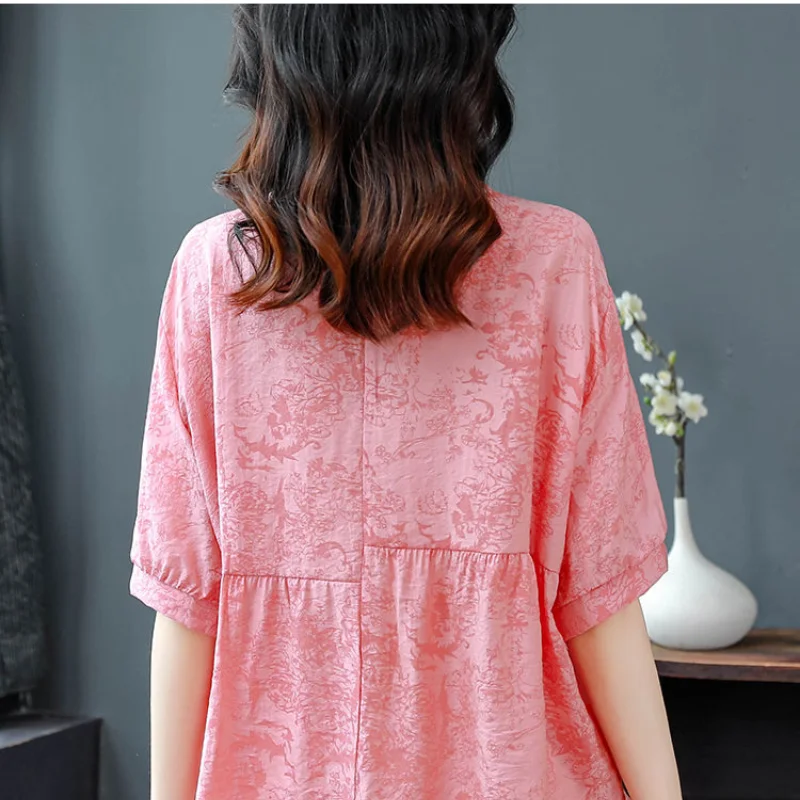 2024 New Summer Korean Fashion Elegant Minimalist Loose Blouses Thin Half Sleeves Polo Collar Printed Button Women\'s Shirt Top