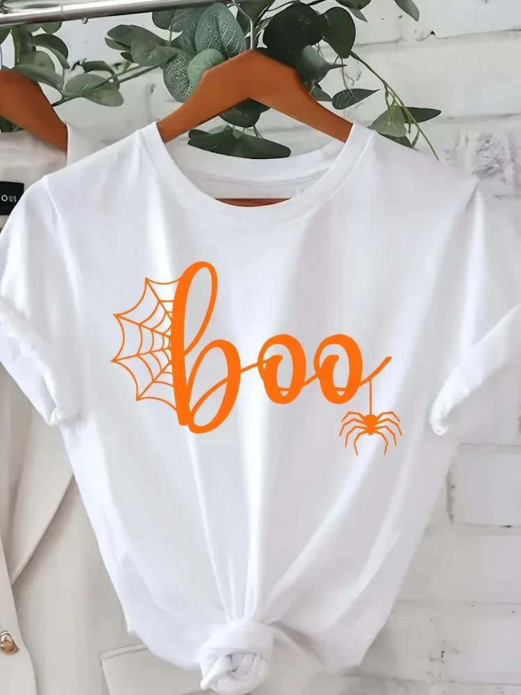 تي شيرت نسائي بنمط شبكة العنكبوت للهالوين Boo تي شيرت ناعم برقبة دائرية وأكمام قصيرة ملابس خريفية غير رسمية Harajuku ملابس نسائية