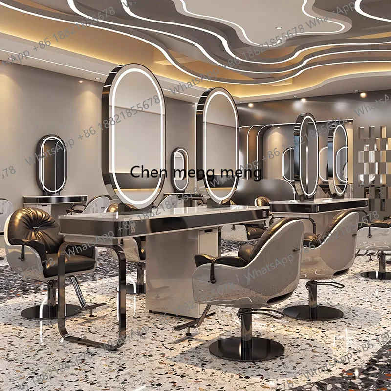 

High-end barber shop hair cutting, perm and dyeing mirror table floor with cabinet marble hair salon special mirror