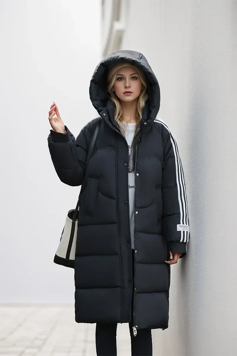 2024 Winter Korean Version Mid length Knee Length Student Pure Black Reflective Stripe White Duck Down Cotton Coat Female Trend