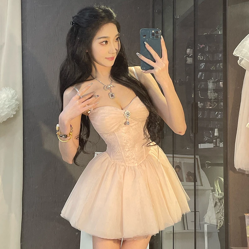 Süße Mini Kleid Frauen Geburtstag Party Mesh Patchwork Spaghetti Strap Kleider Sommer Y2K Koreanische Mode Bodycon Design Vestidos