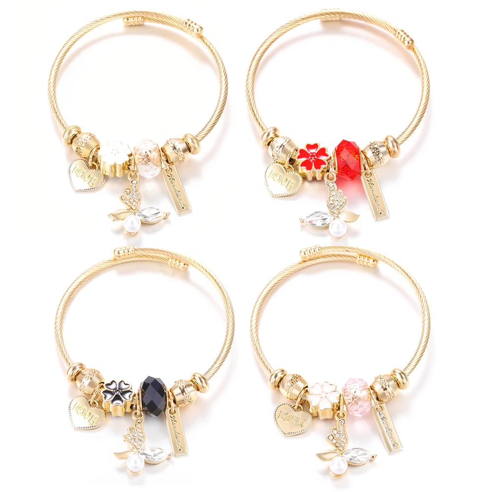 New Golden Stainless Steel Heart Shaped Butterfly Crystal Pearls Pendant 4 Colors Beaded Bracelet Closure Bangles Women Jewelry