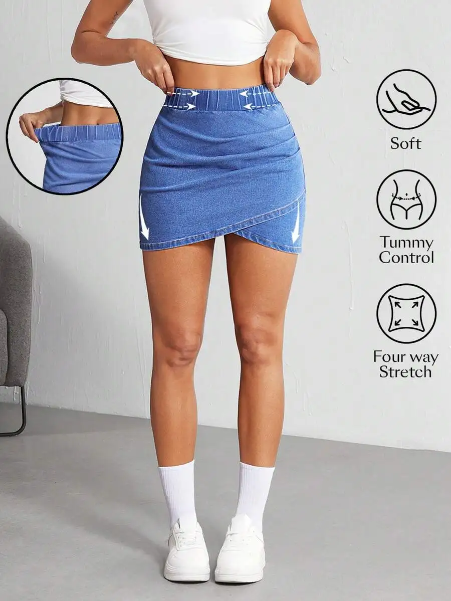 

Women's Elastic Waist Ruched Wrap Hem Mini Denim Skirt