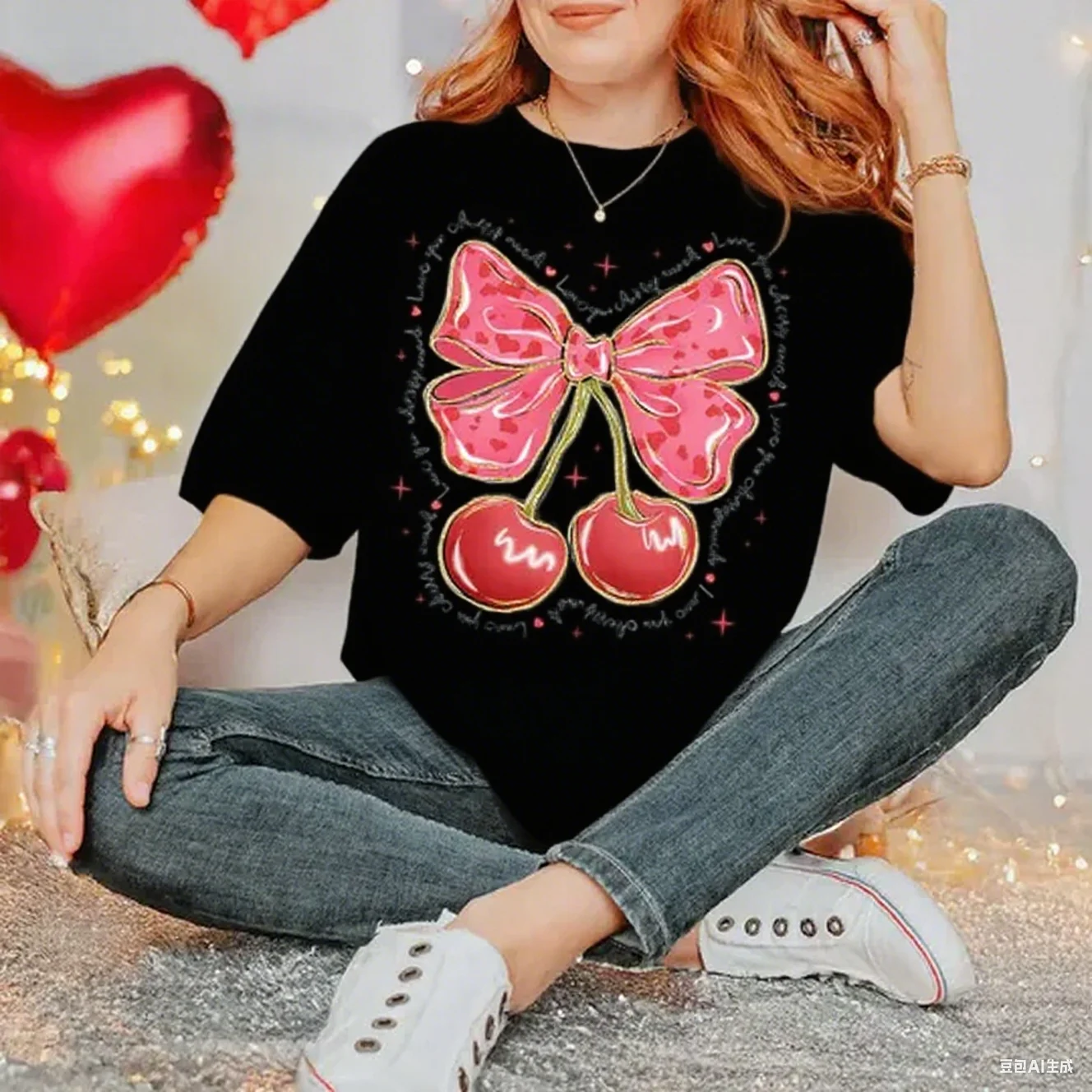 

Симпатичная хлопковая футболка с вишневым бантом и розовым бантом и принтом вишни Хлопковая футболка Элитный бренд Модный топ большого размера Повседневная