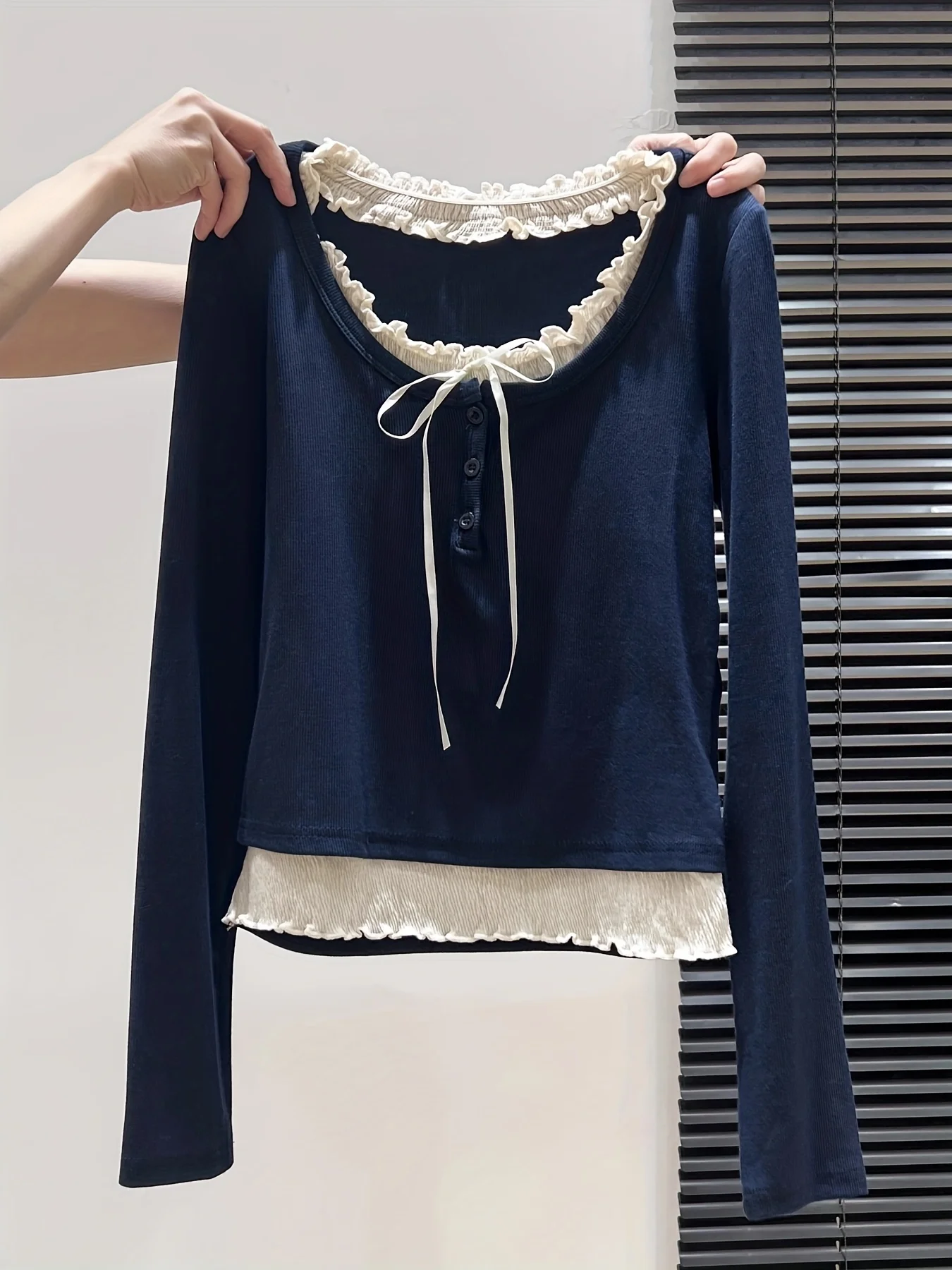 Women's Long-Sleeve T-Shirt with A Round Neck, Faux Two-Piece Design, Bow Tie, and Ruffled Hem