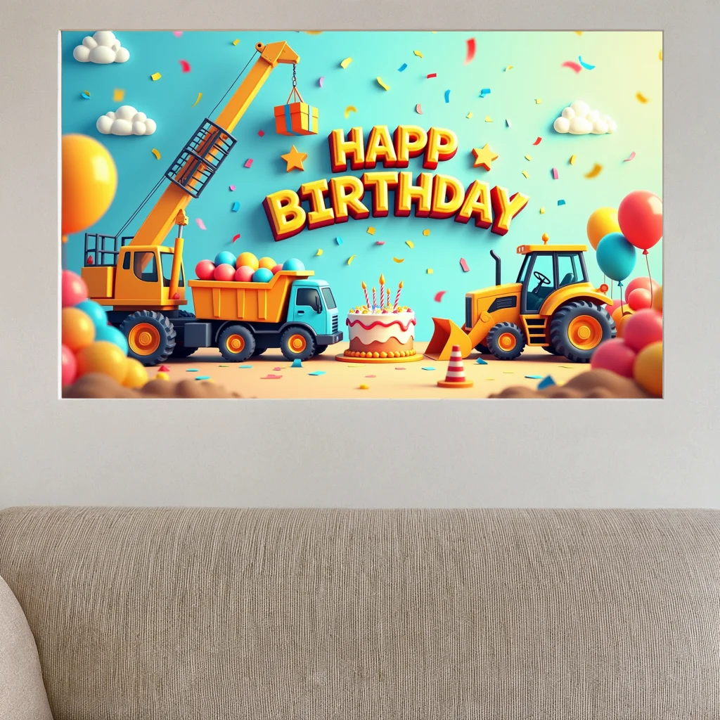 Backdrop Banner Background For Party Kids Celebration Construction Theme Colorful Confetti Balloons Trucks Cake Event Decor