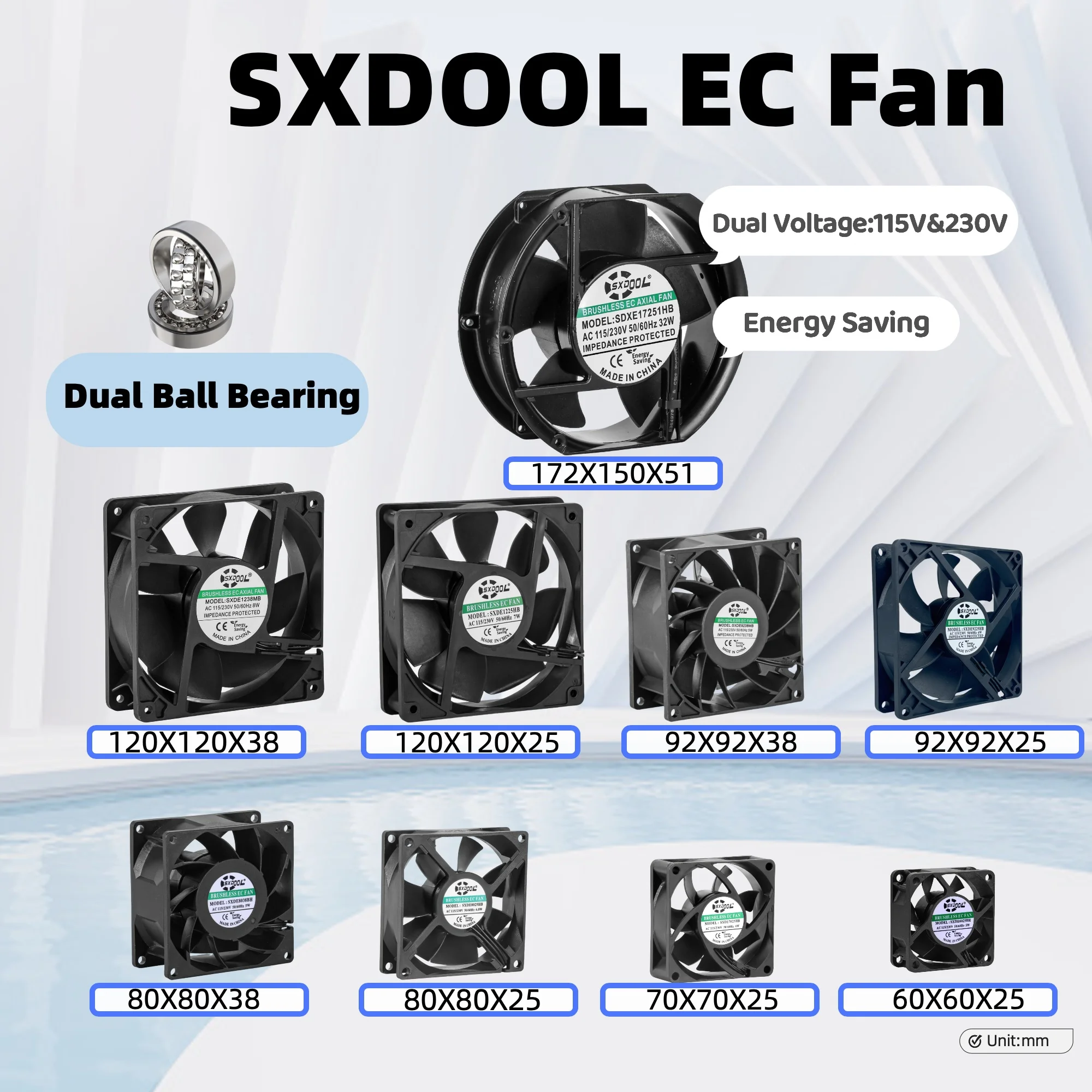 SXDOOL EC 115V 230V Cooling Fan Series - 60mm, 70mm, 80mm, 90mm, 120mm, 172mm Energy Efficient Brushless Fan Dual Ball Bearings