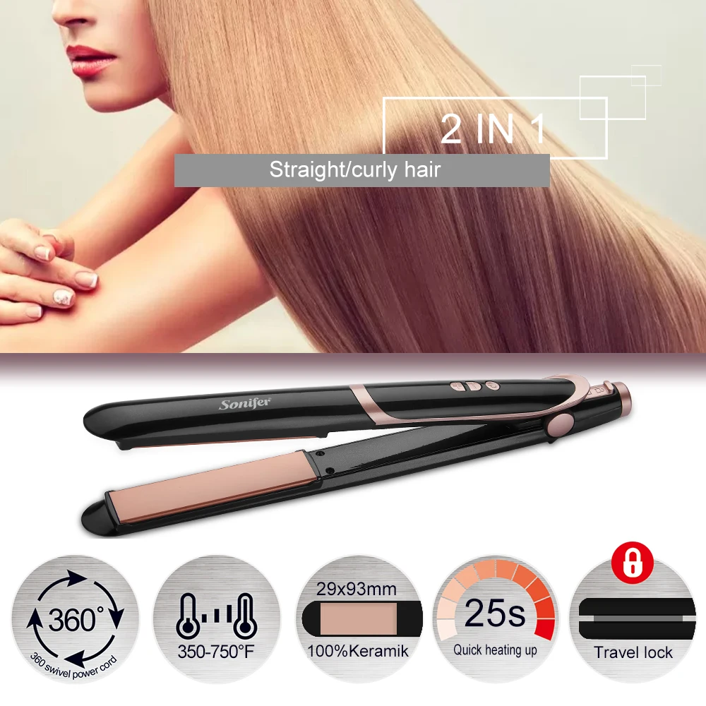 Hair Straightener Sonifer SF-9615 45W 2 in 1 Hair Curler Ceramic Plate Digital Display 130-235 Fast Heating for Home Styling