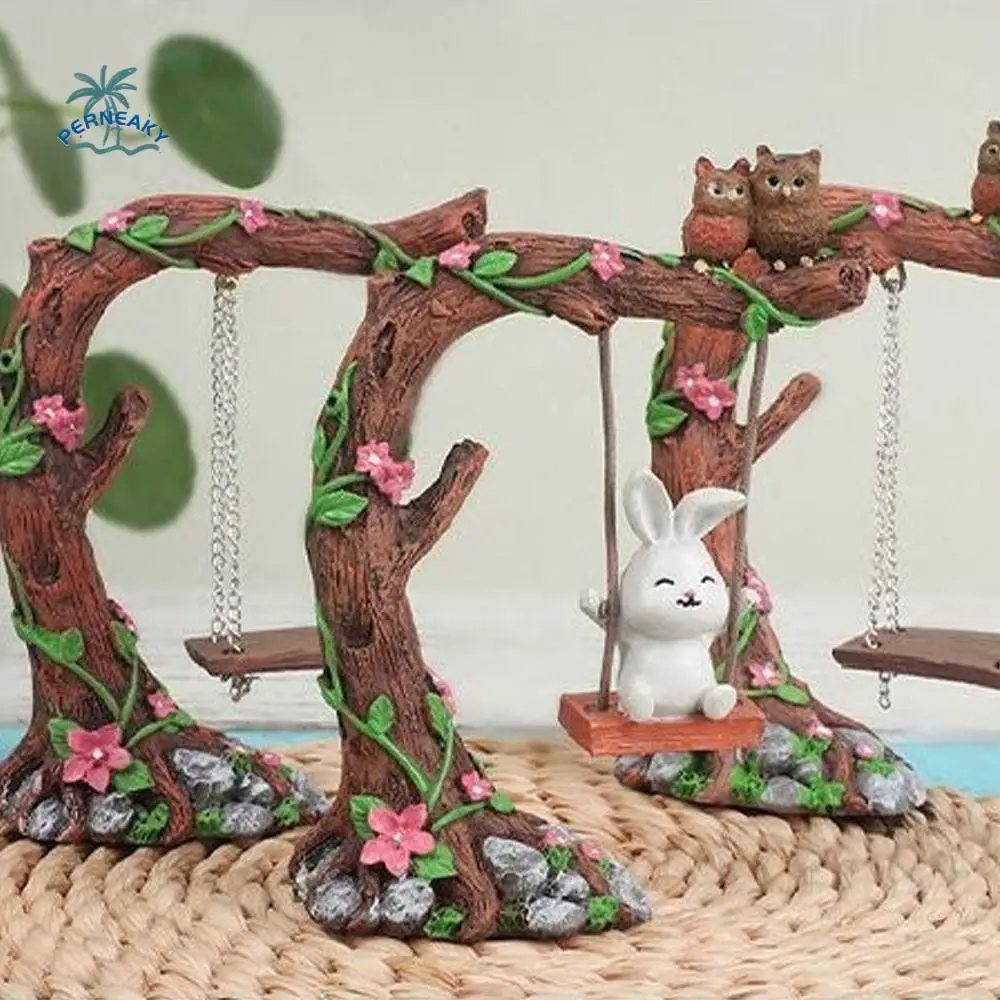 

Creative Cute Garden Owl Swing Statue Funny Handmade Mini Swing Figurine Resin Crafts Owl Stump Ornament For Outdoor Gardens